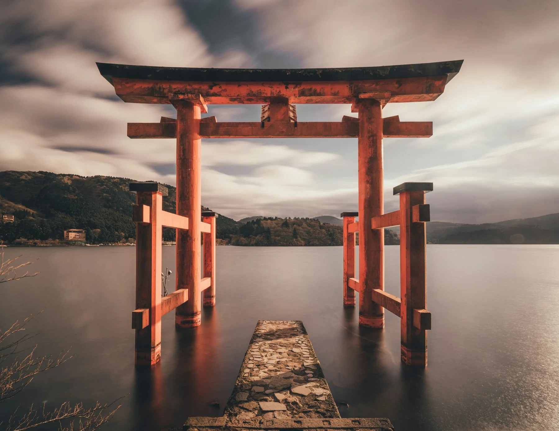 Torii gate beside a lake